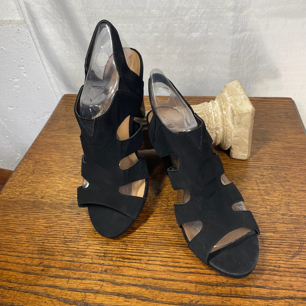 Solanz Kendra Womens 11M‎ Black Faux Suede Strappy Slingback Block Heels Sandals
